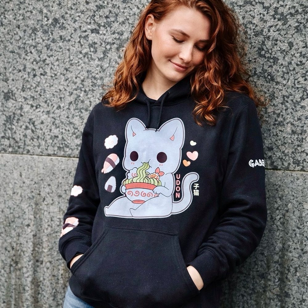 Tasty Peach Graphic Hoodie Cute Cat Udon Print Black